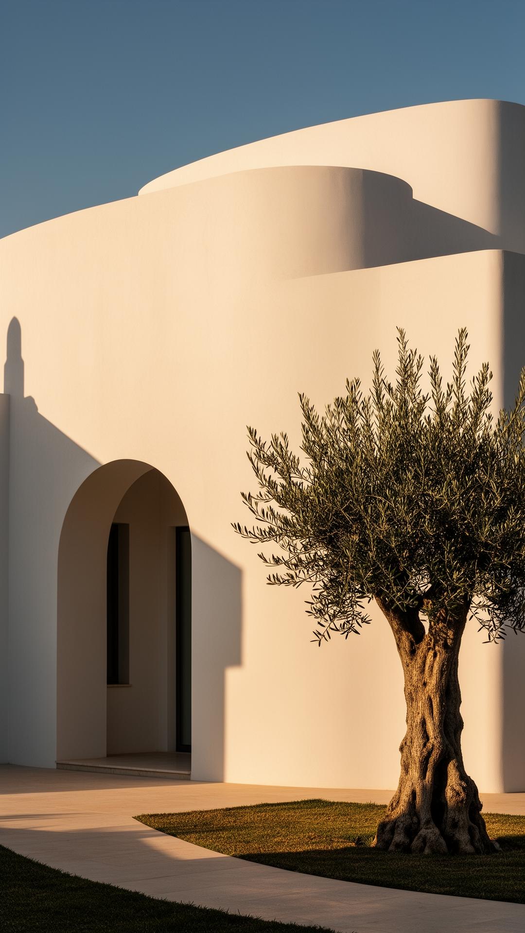 Architectural detail of a Marbella villa with arched doorway and olive tree
