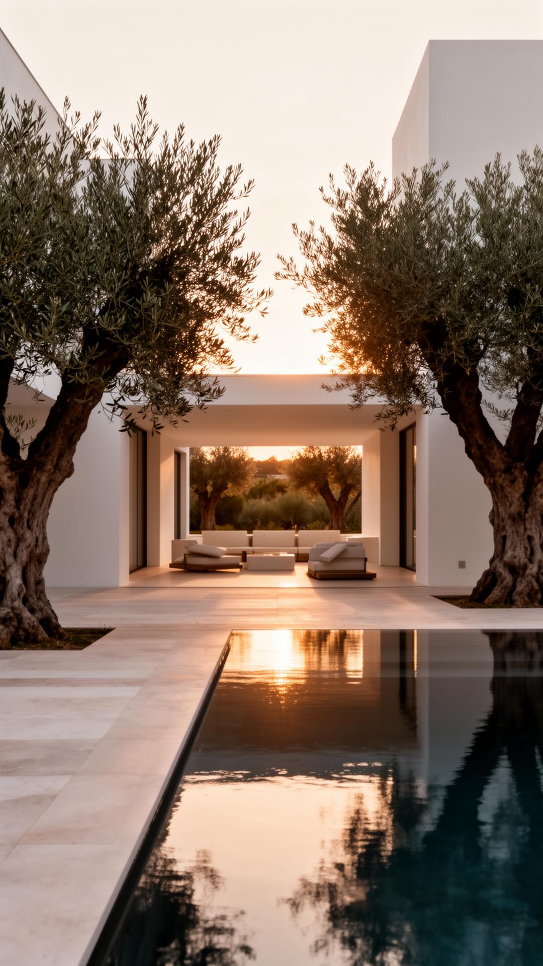 Modern Marbella villa courtyard at golden hour with olive trees