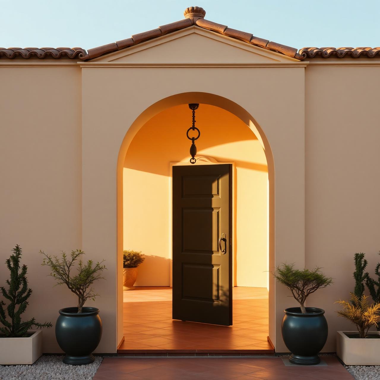 Spanish villa entrance at golden hour